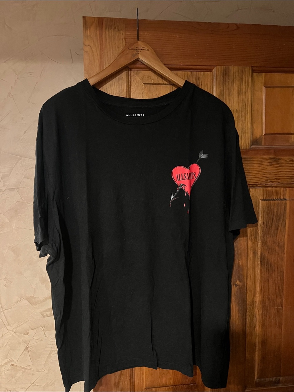 All Saints Black Short Sleeve Tee with Red Heart Graphic